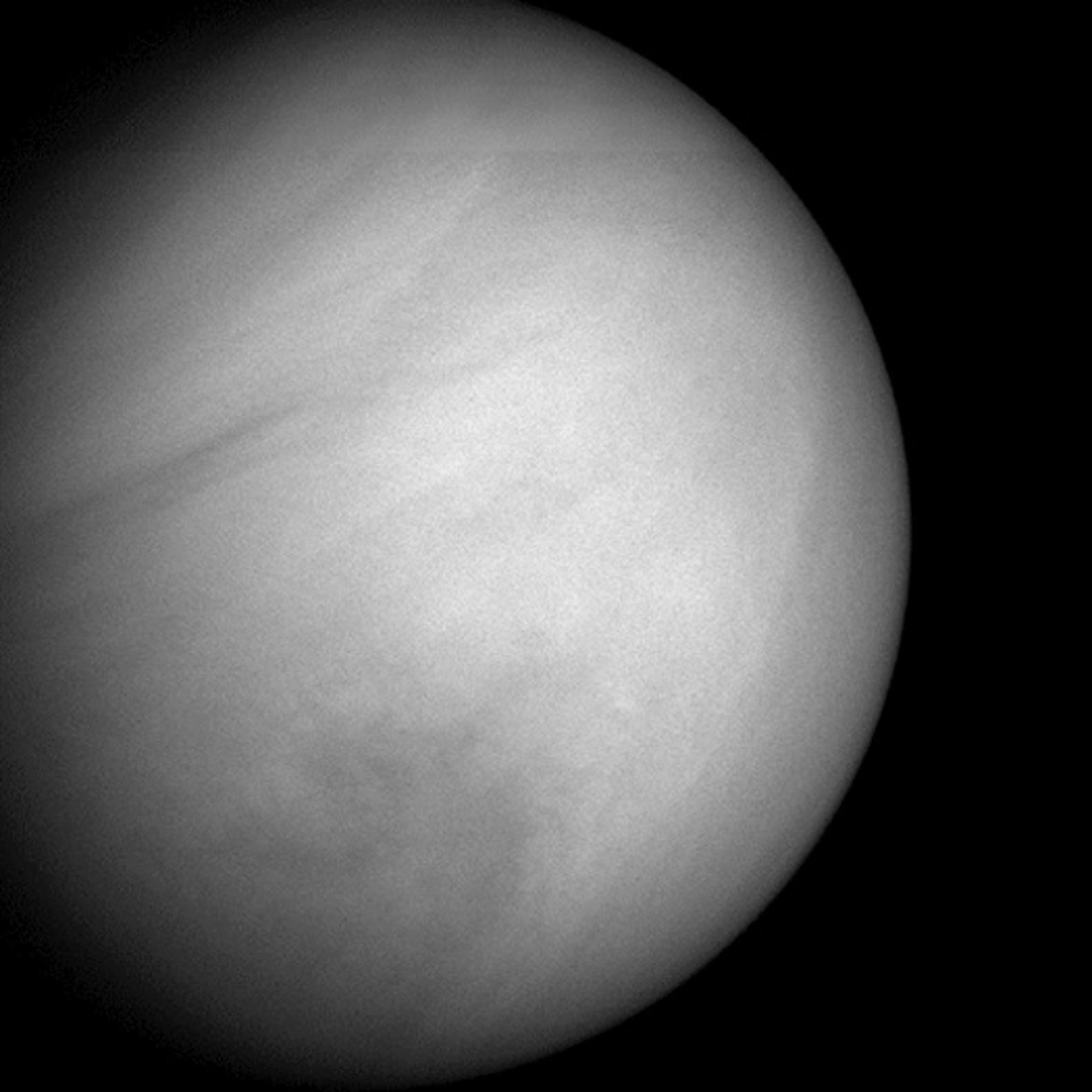 A grayscale close-up image of the planet Venus, showing its cloudy atmosphere