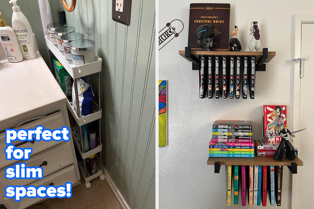 Bathroom storage unit with toiletries on left; wall-mounted shelves holding books and decor on right. Text reads: "perfect for the slim spaces!"