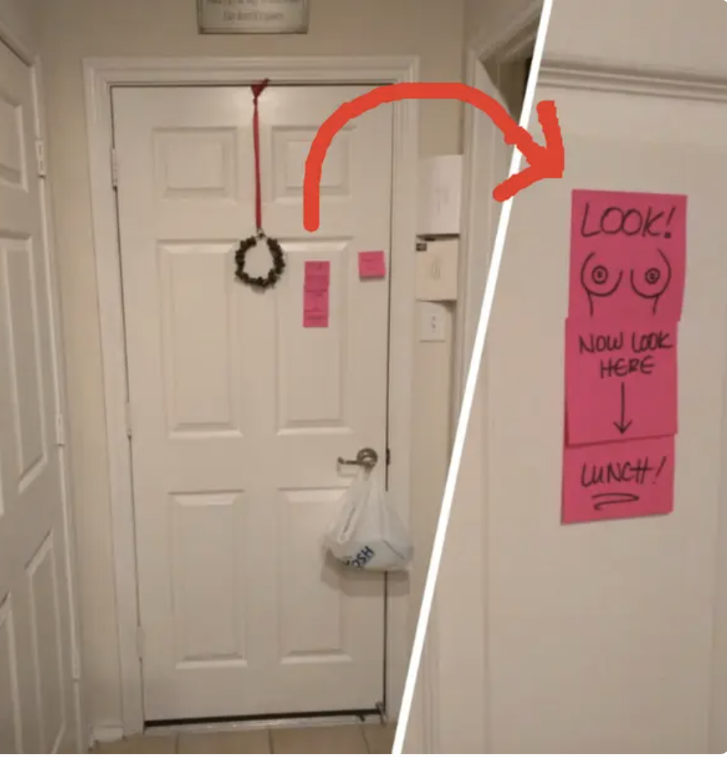 Hallway with a closed door. On the door, there are hanging notes and a wreath. Inset shows a note with a drawing and text indicating "Look! Now look here."