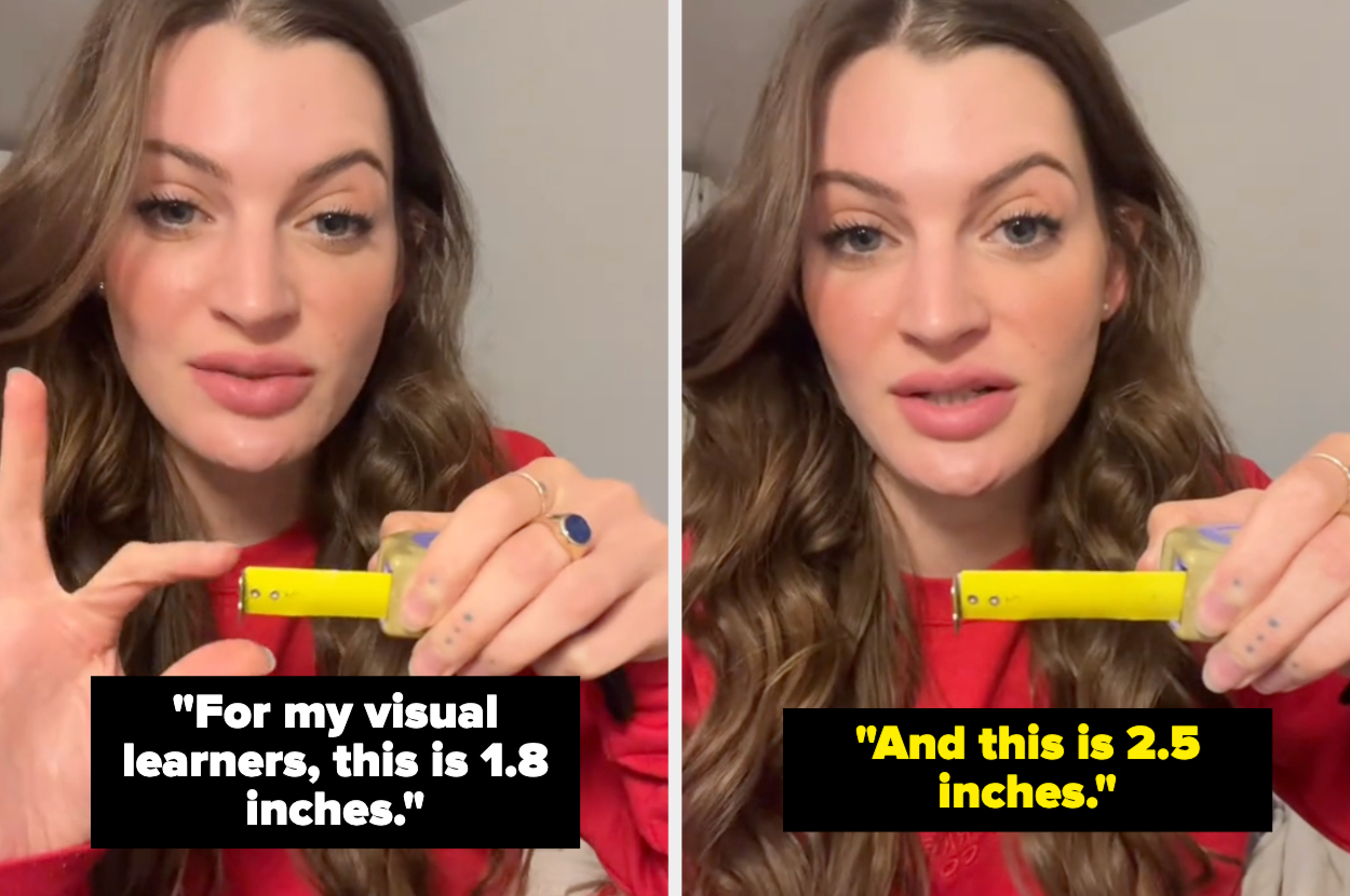 Two photos of a woman showing an object. Left text: "For my visual learners, this is 1.8 inches." Right text: "And this is 2.5 inches."