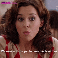 Lacey Chabert in a scene from "Mean Girls" saying, "We wanna invite you to have lunch with us."