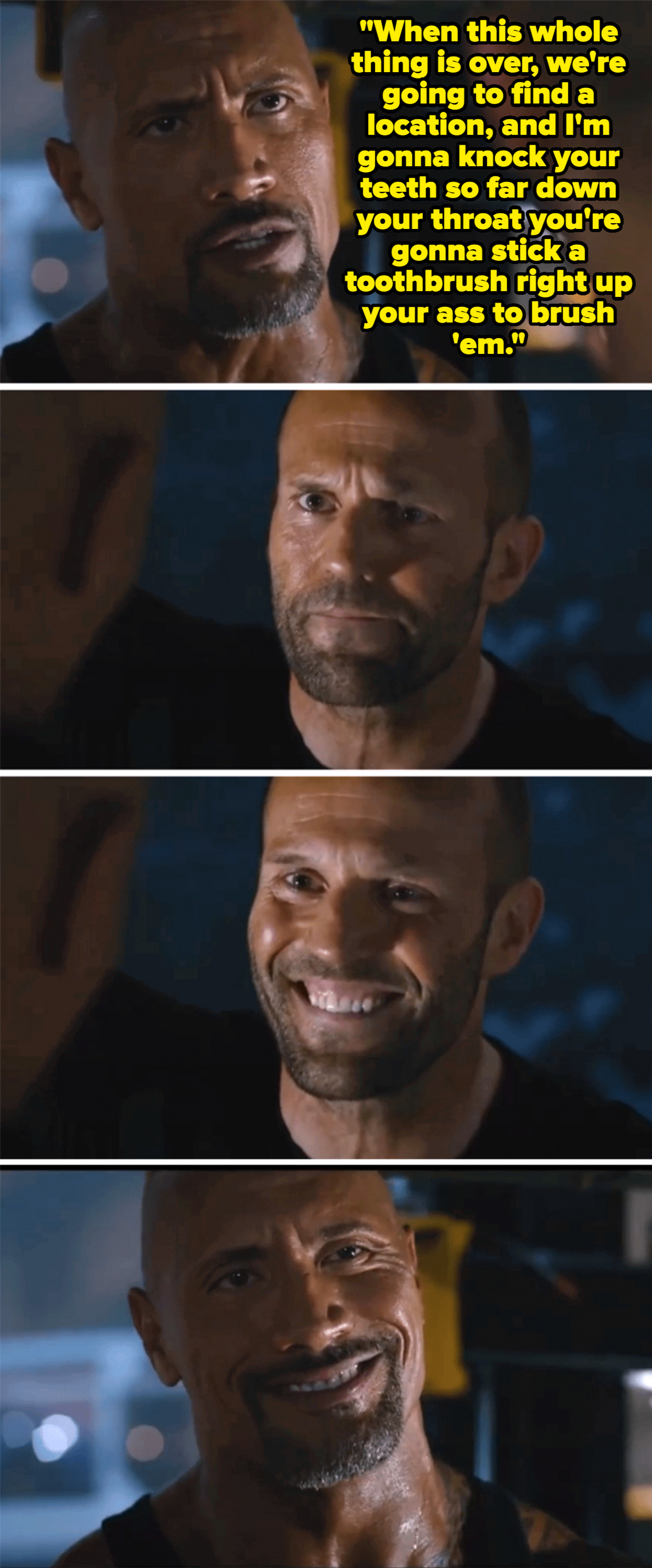 Dwayne Johnson and Jason Statham have a conversation in a sequence of images where they both initially look serious but then break into smiles