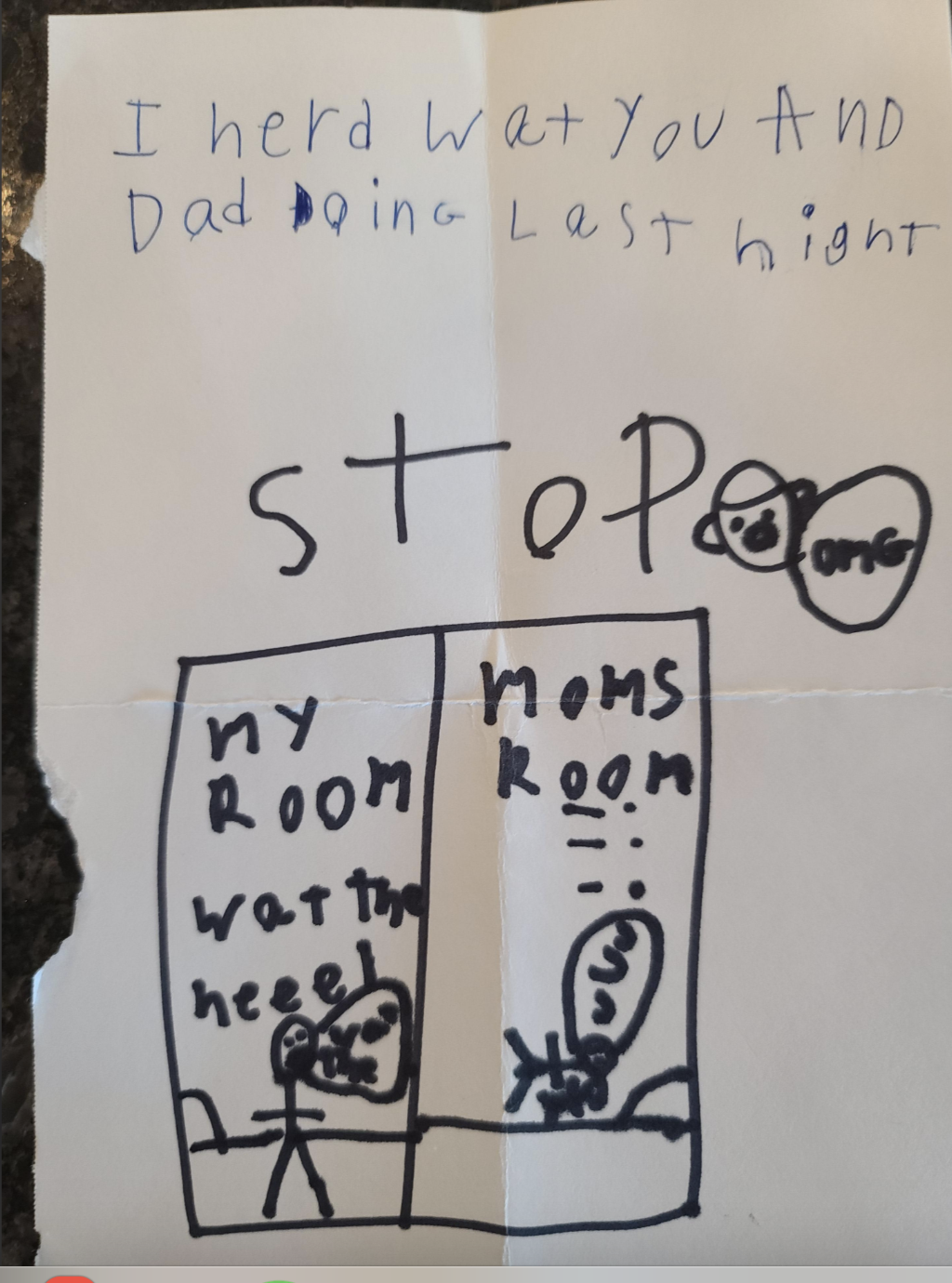 A child's drawing with text saying, "I heard what you and Dad doing last night STOP" and pictures labeled "my room" and "moms room" with stick figures and speech bubbles