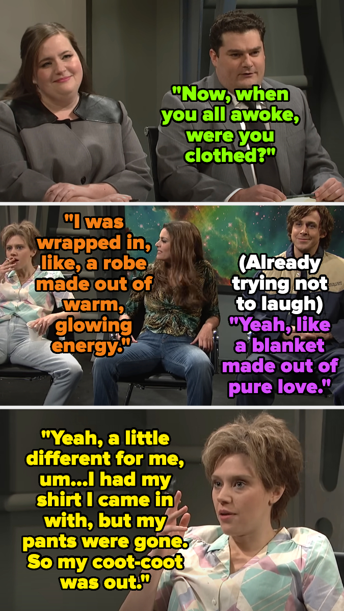 Four people are sitting and conversing. From top to bottom: Aidy Bryant, Bobby Moynihan, Vanessa Bayer, and Kate McKinnon. They discuss being clothed upon awakening