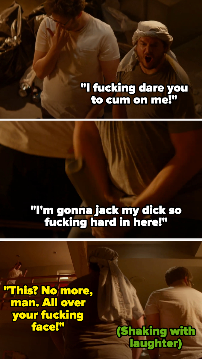 Two men, one wearing traditional Middle Eastern attire, engage in intense and profane conversation while one laughs