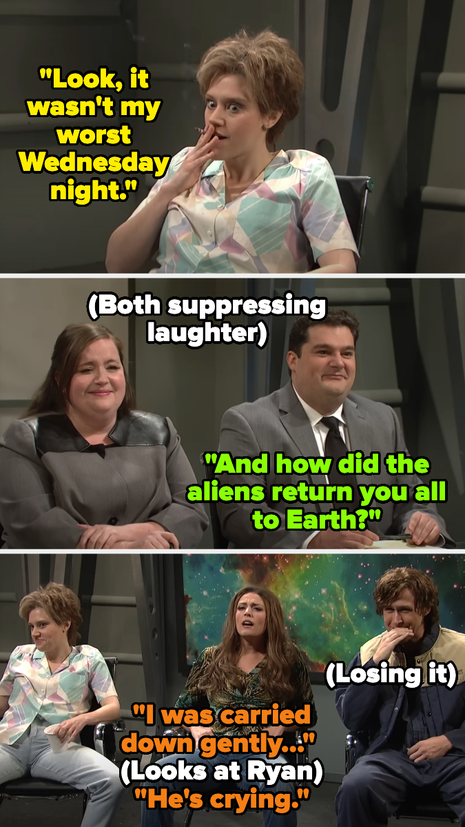 Four people in a comedic skit suppress laughter. Caption: &quot;Look, it wasn't my worst Wednesday night.&quot; Another: &quot;And how did the aliens return you all to Earth?&quot;