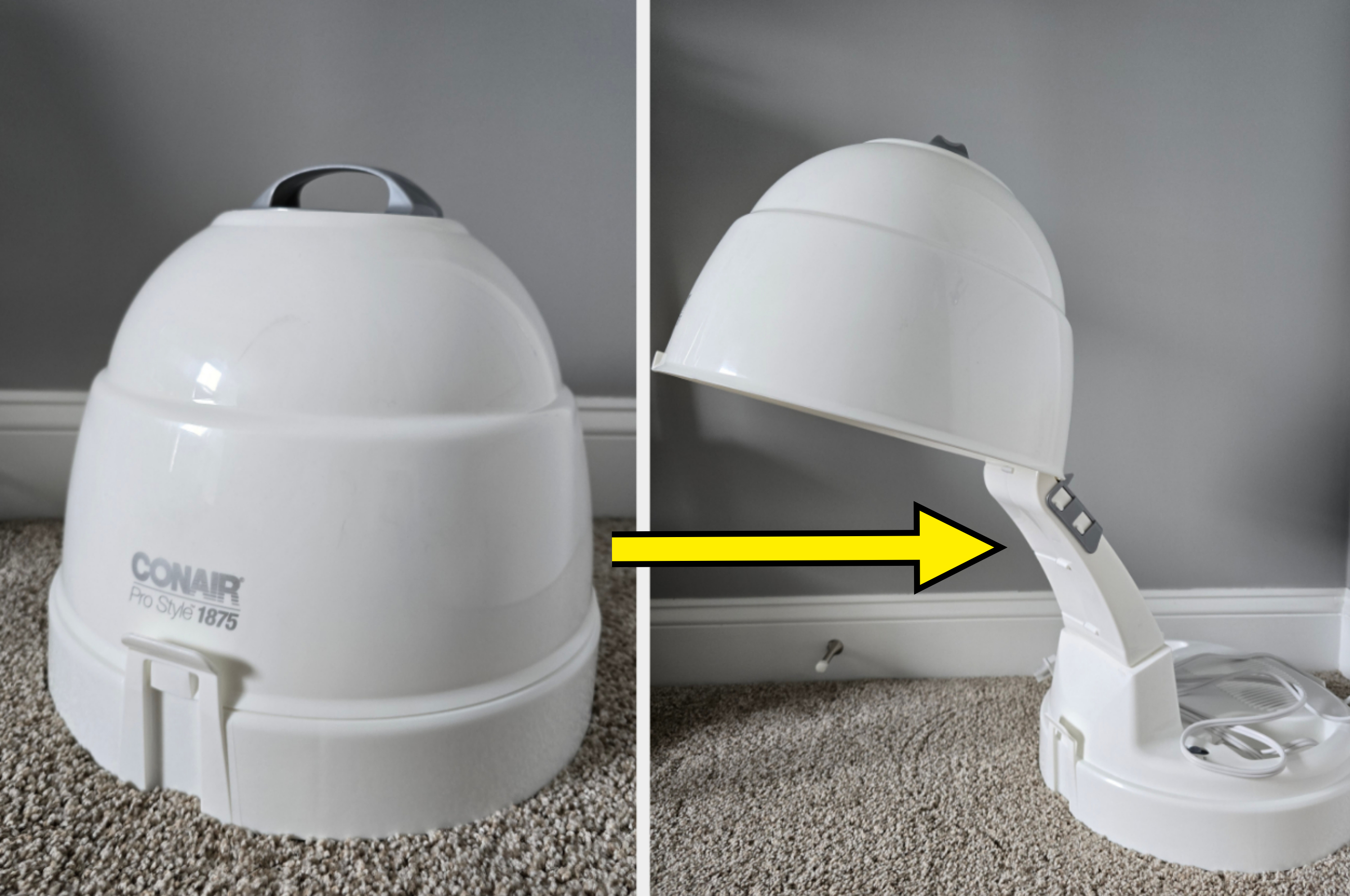 A portable Conair Pro Styler 1875 hooded hairdryer is shown closed in one image and open in another