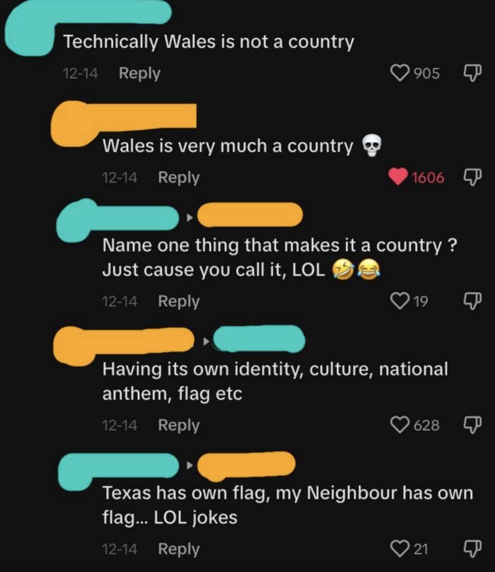 Screenshot of a debate on social media about whether Wales is a country, including comments with replies arguing for and against the idea