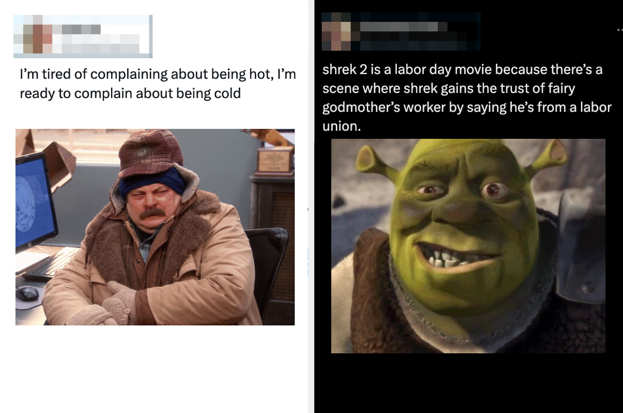 Two images side by side: left - a bundled-up Ron Swanson; right - Shrek smiling with text about Shrek 2 being a Labor Day movie