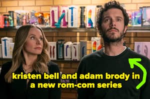 Kristen Bell and Adam Brody stand in front of shelves filled with various products. Text: "Kristen Bell and Adam Brody in a new rom-com series."