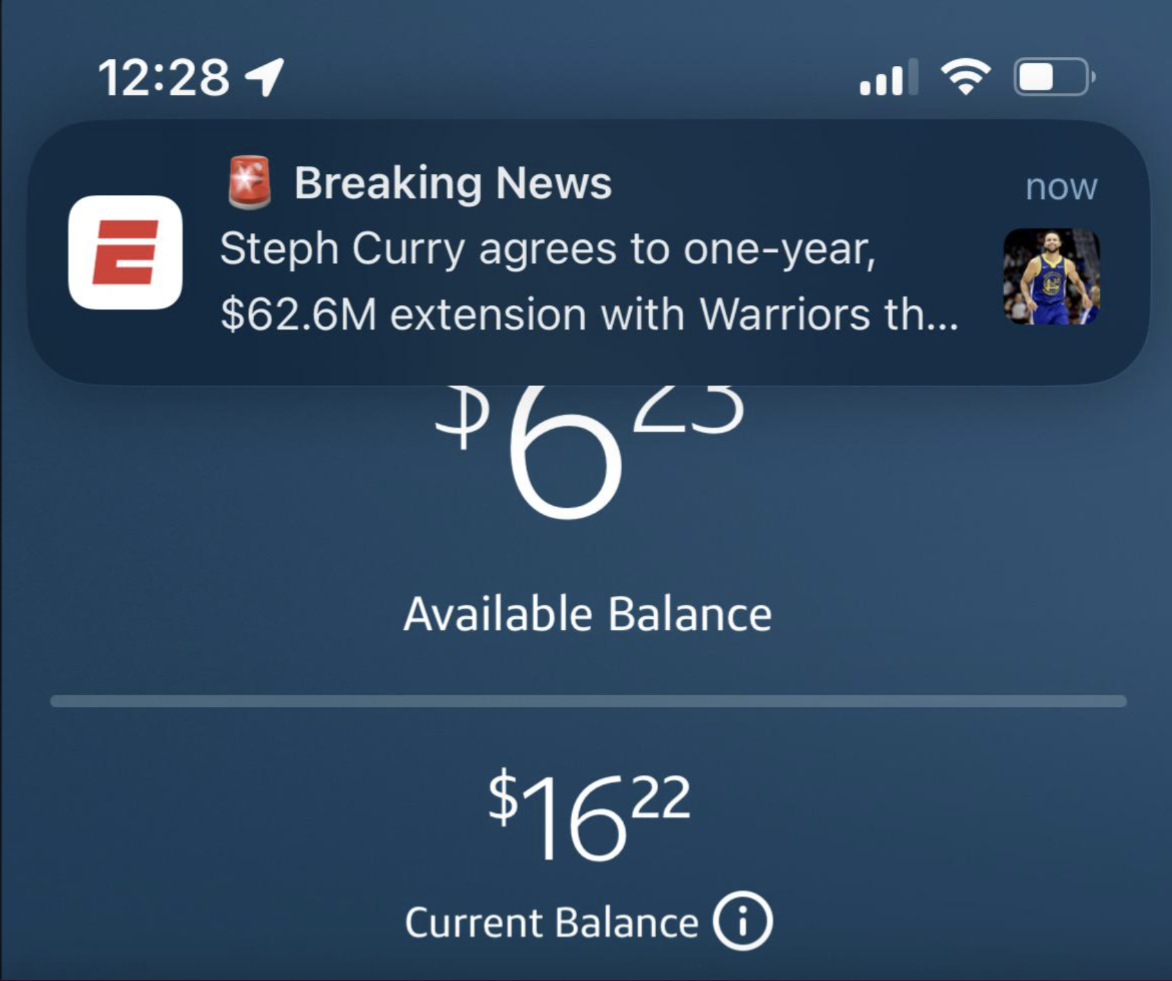 Breaking News: Steph Curry agrees to one-year, $62.6M extension with Warriors. The notification is seen on a mobile screen displaying a bank balance