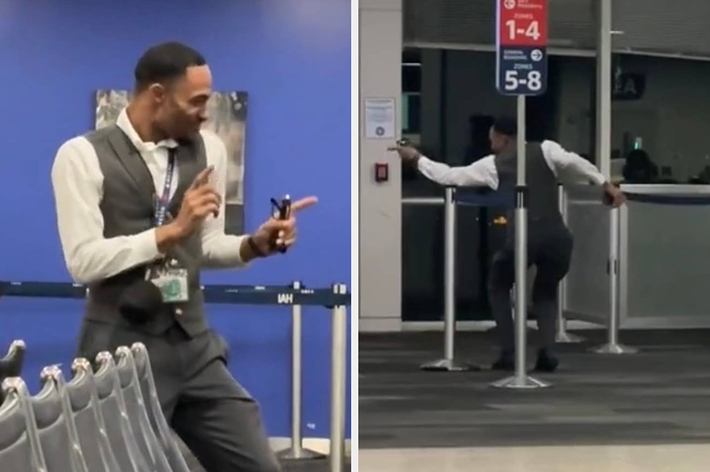 空港でグレーのベストと白いシャツを着た男性が、手を指で銃の形にして遊んでいる様子。