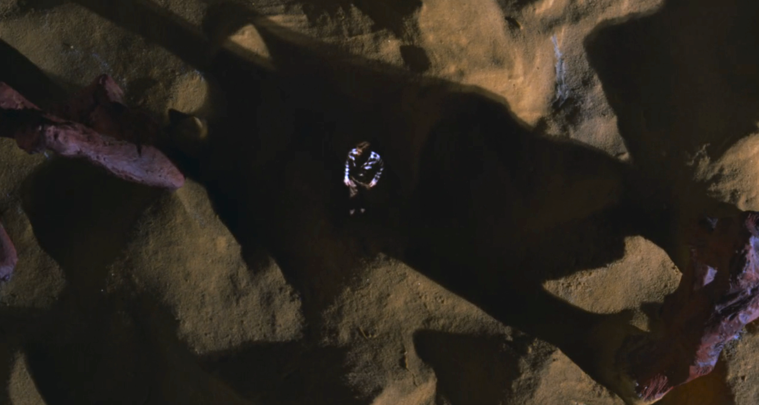 A single ring lies on a rocky surface in the center of the image, casting a long shadow on Alec Baldwin