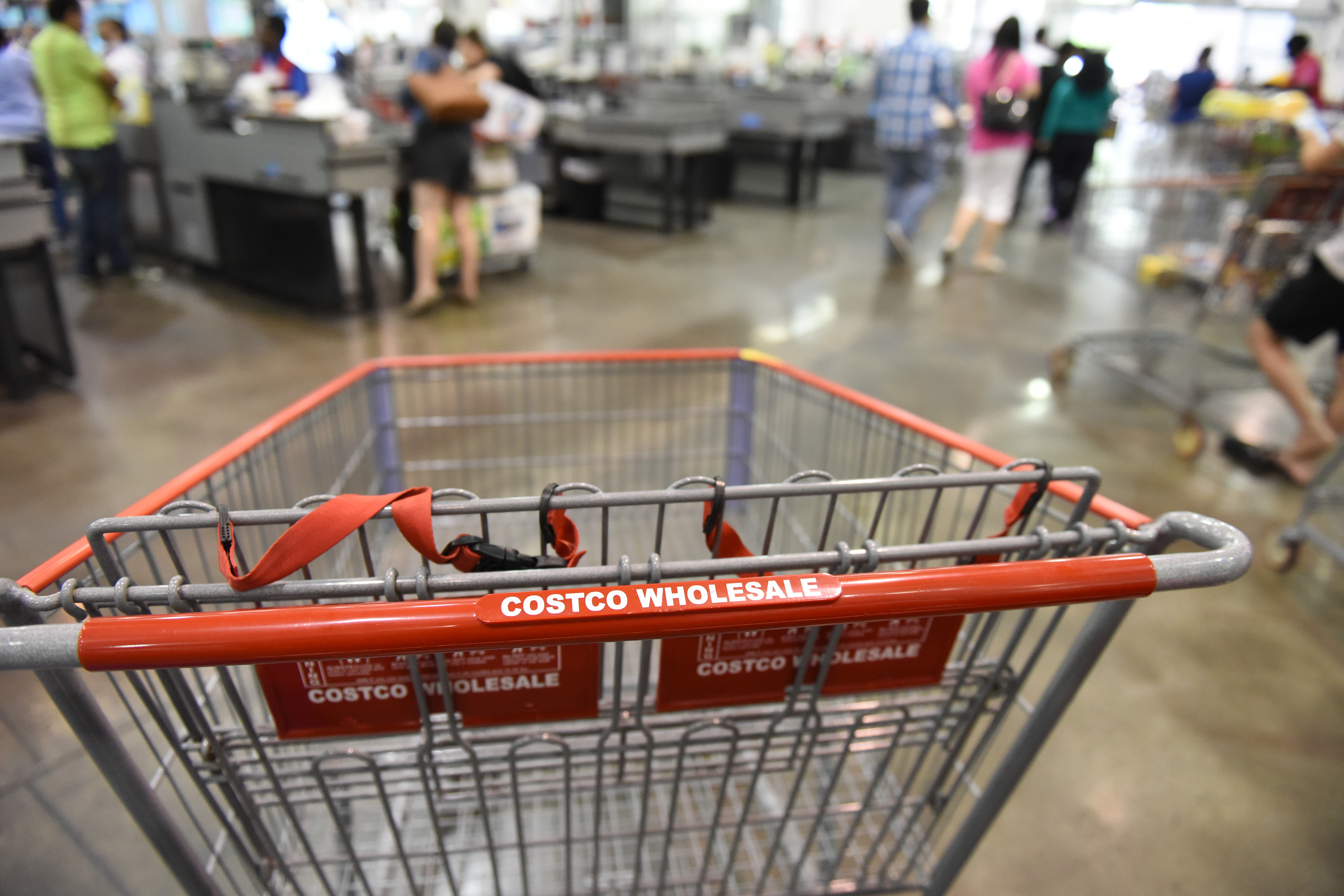 Persons pushing shopping carts and standing in line at the checkout area of a Costco Wholesale store