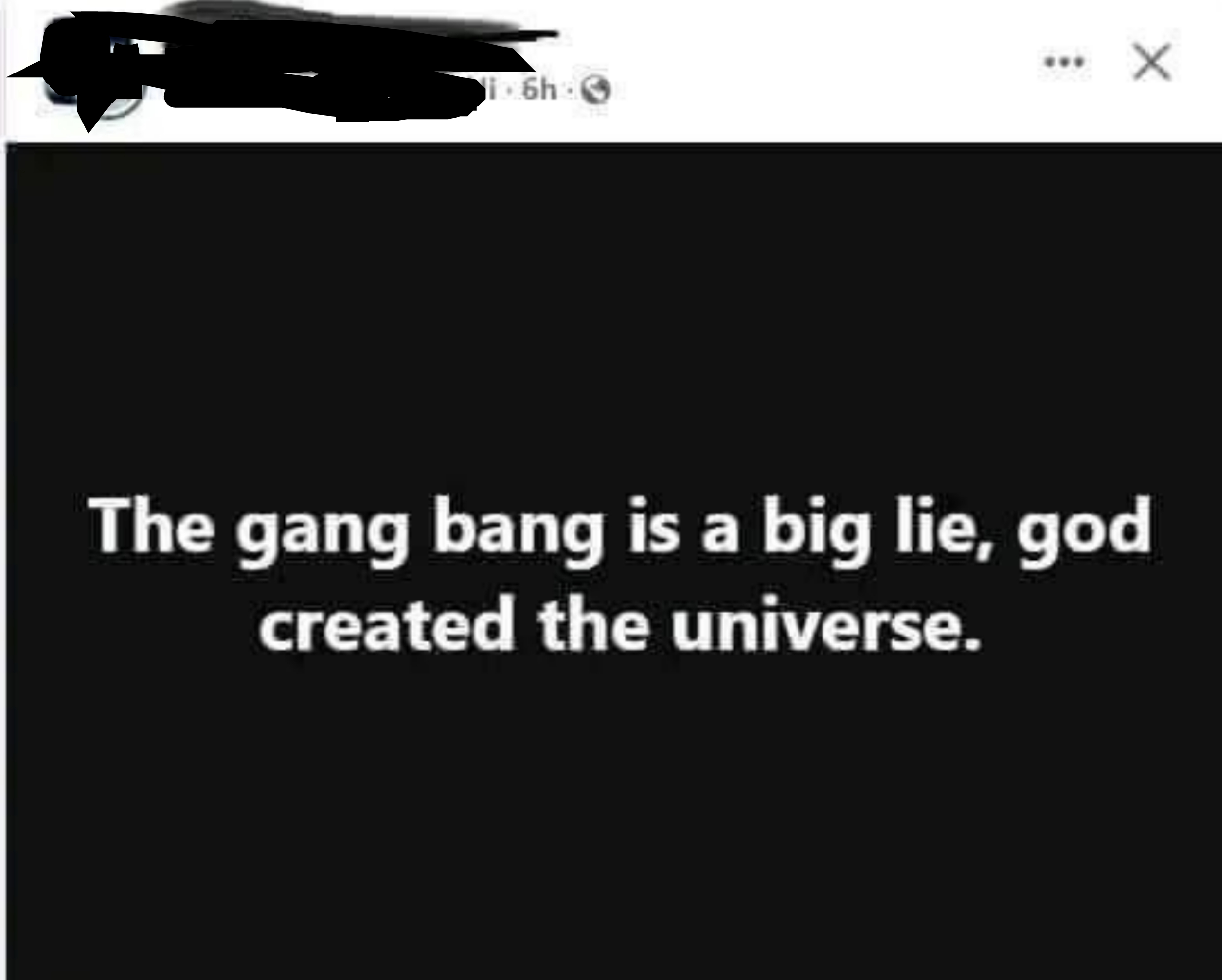 Social media post by Mohammed Elsayed says: "The gang bang is a big lie, god created the universe."