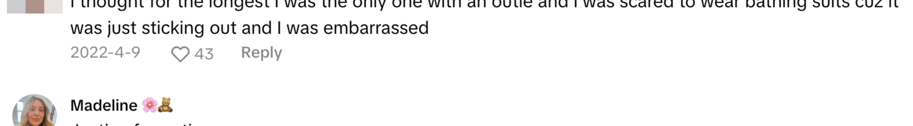 Alexis comments about feeling embarrassed about her outie belly button. Madeline responds with "Justice for outies" and emoji. Both comments received likes and replies
