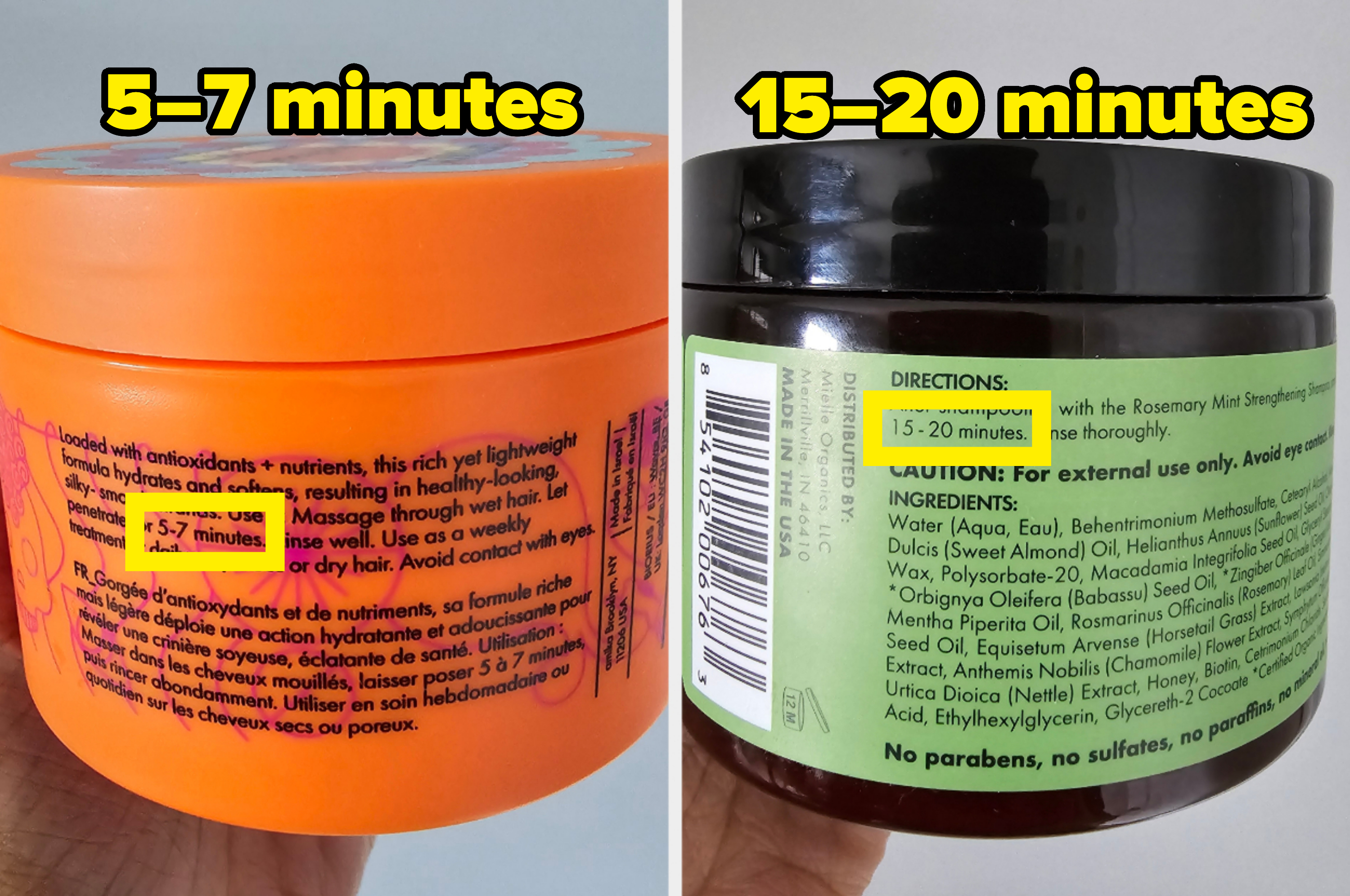 Image of two hair conditioning product containers; One container says to leave the treatment for five to seven minutes, the other for 15 to 20 minutes