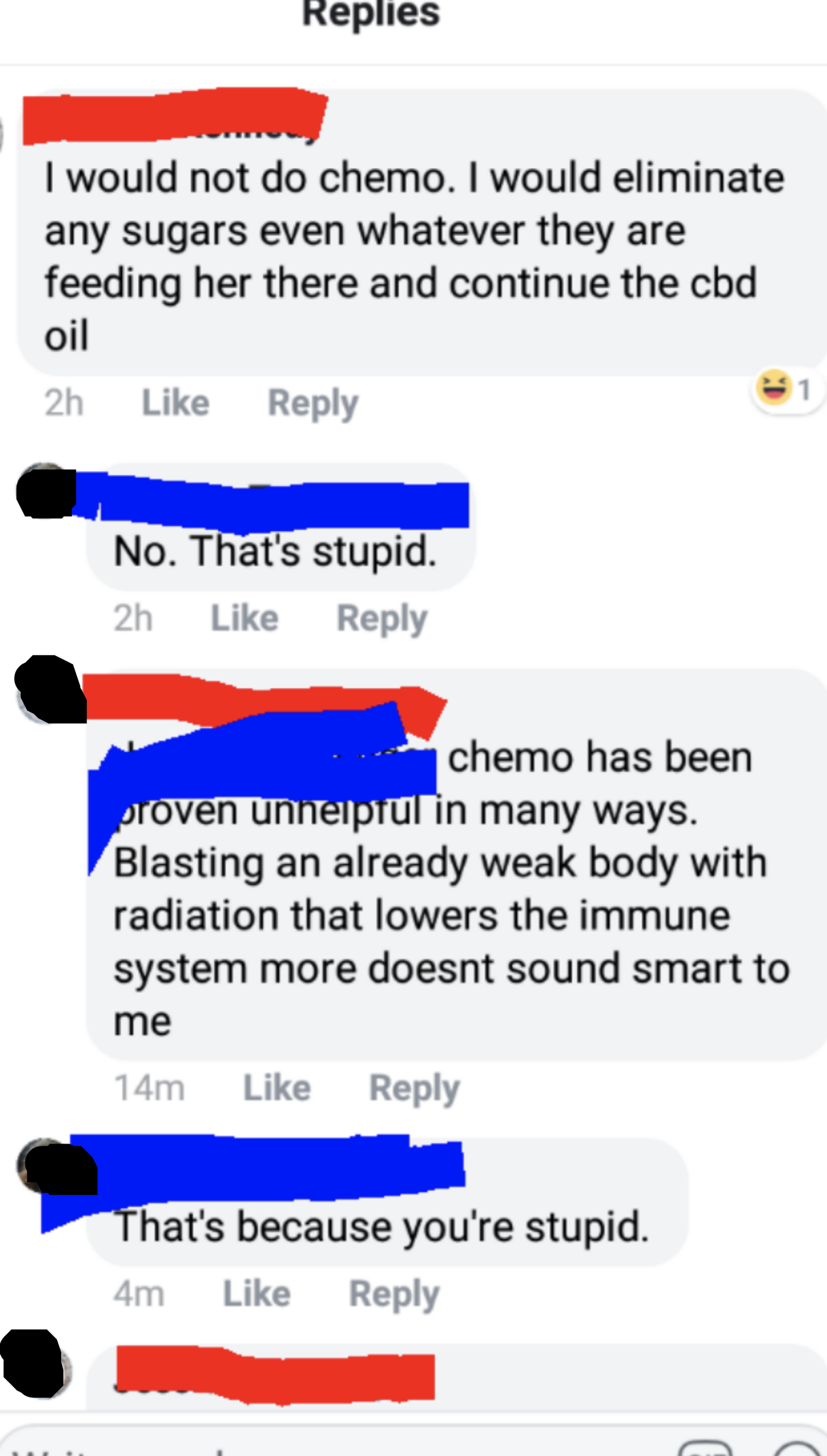 A Facebook comment thread discussing chemotherapy, where commenters dispute chemo benefits, sugar elimination, and CBD use. Conversation includes harsh language