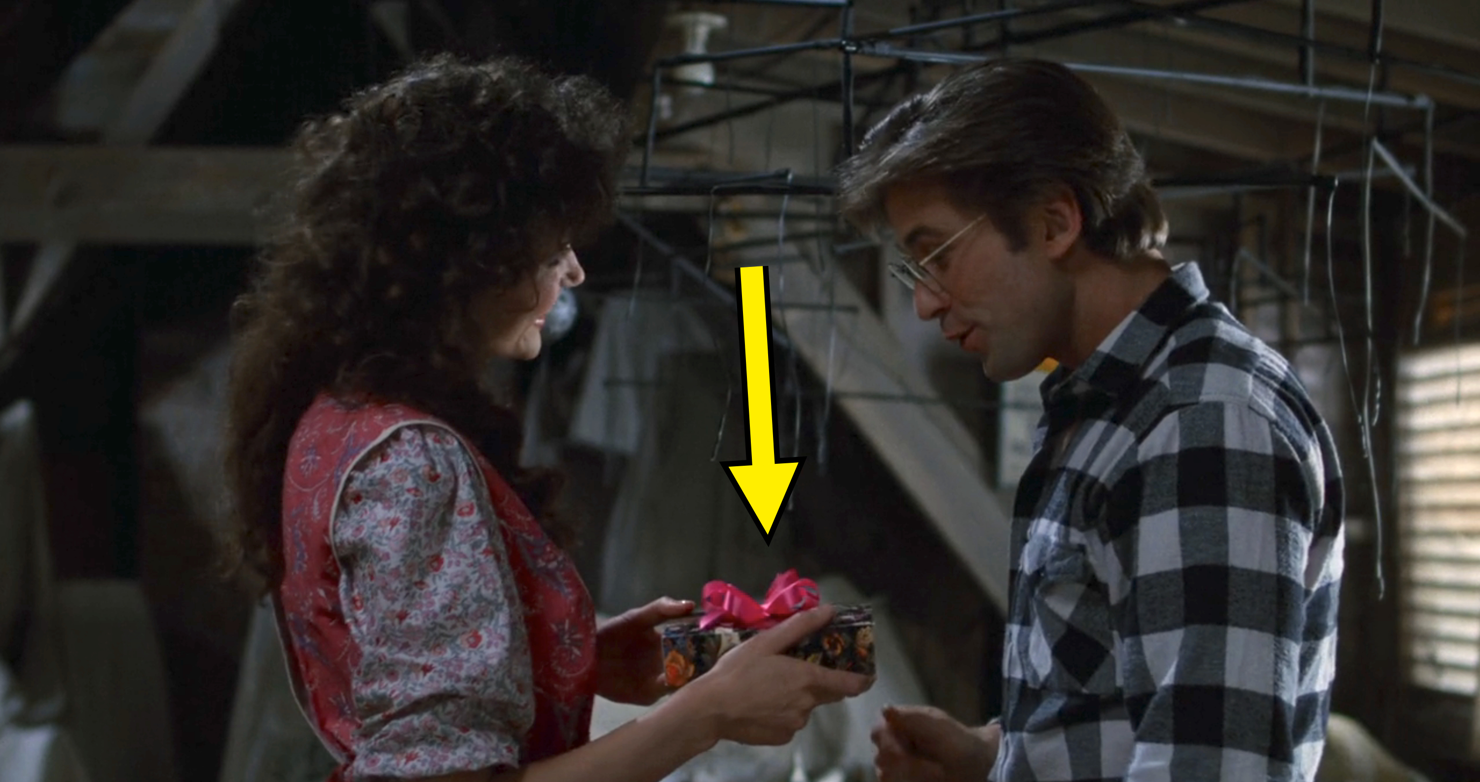 Geena Davis gives a small gift with a pink ribbon to Alec Baldwin in a cozy indoor scene