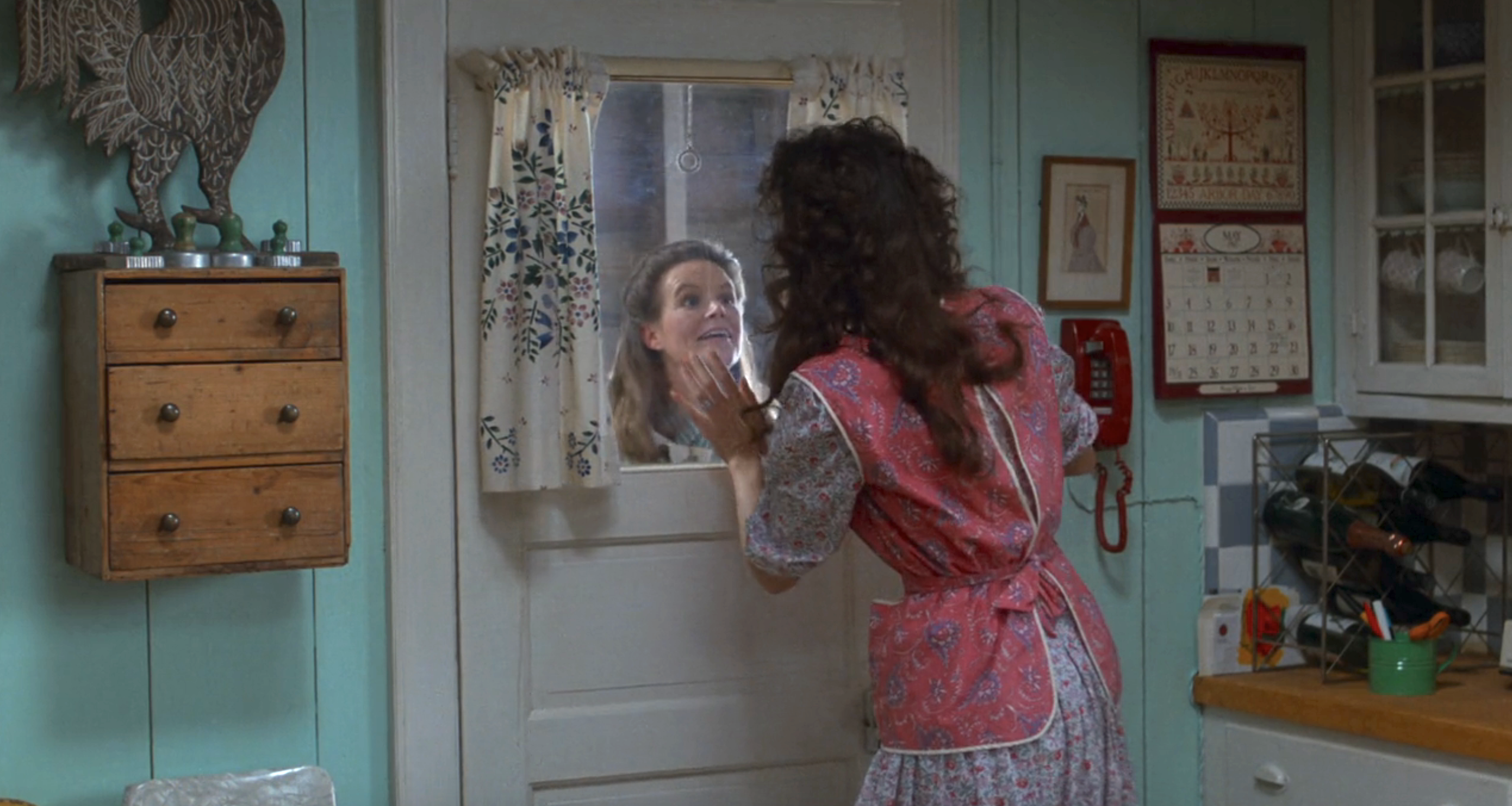 Geena Davis talking to actress who plays Jane in "Beetlejuice" speaks to a woman through a small window in a door in a cozy kitchen setting