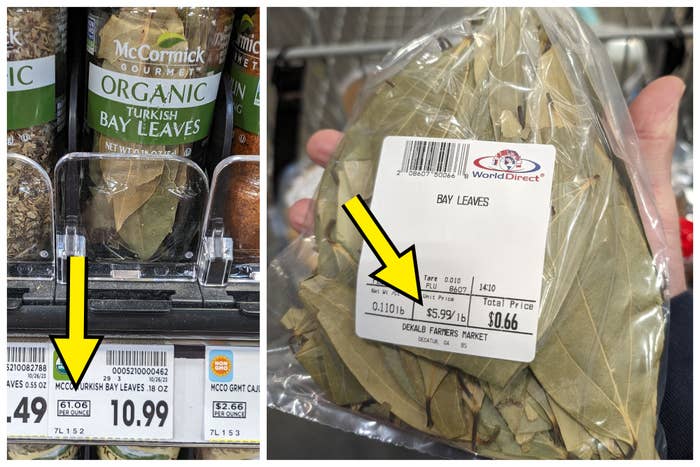 Grocery store shelves displaying two packs of bay leaves: a McCormick Gourmet Organic Turkish Bay Leaves bottle and a World Direct bulk pack of bay leaves