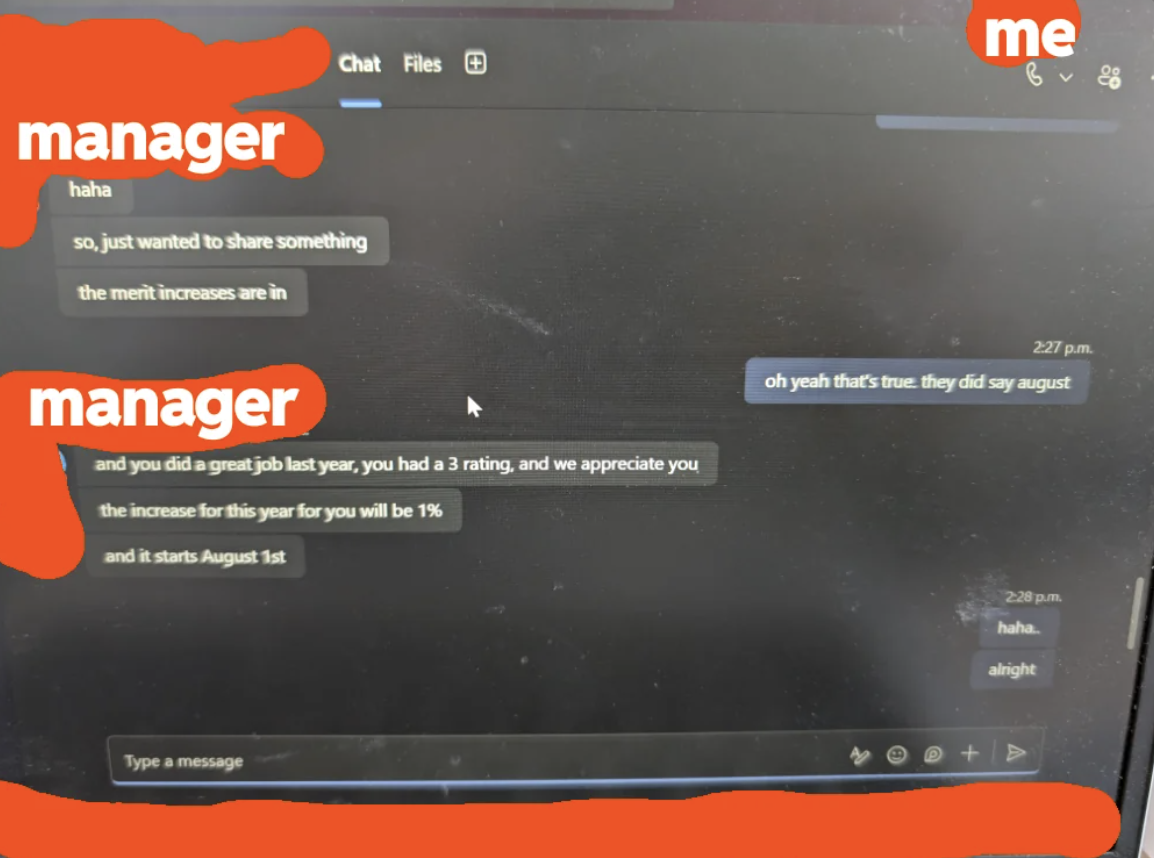 Screenshot of a chat showing an employee being informed by their manager of an increase in merit pay starting August 1st after receiving a 3 rating last year