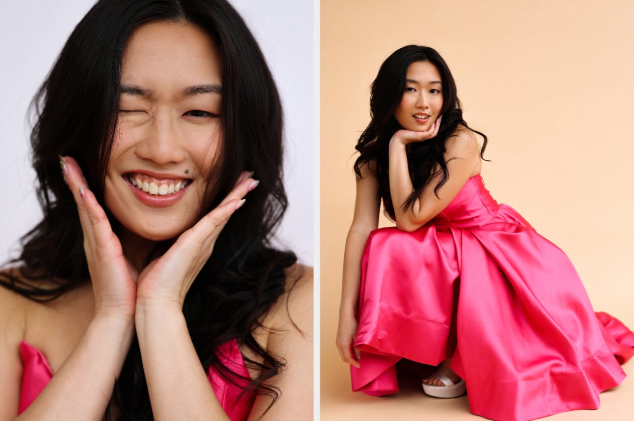 Woman in a flowing dress poses in two frames: winking with hands on cheeks, and crouching with chin on hand, smiling at the camera