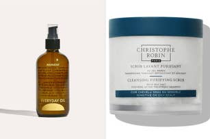 Everyday Oil spray bottle on the left, Christophe Robin Cleansing Purifying Scrub jar on the right