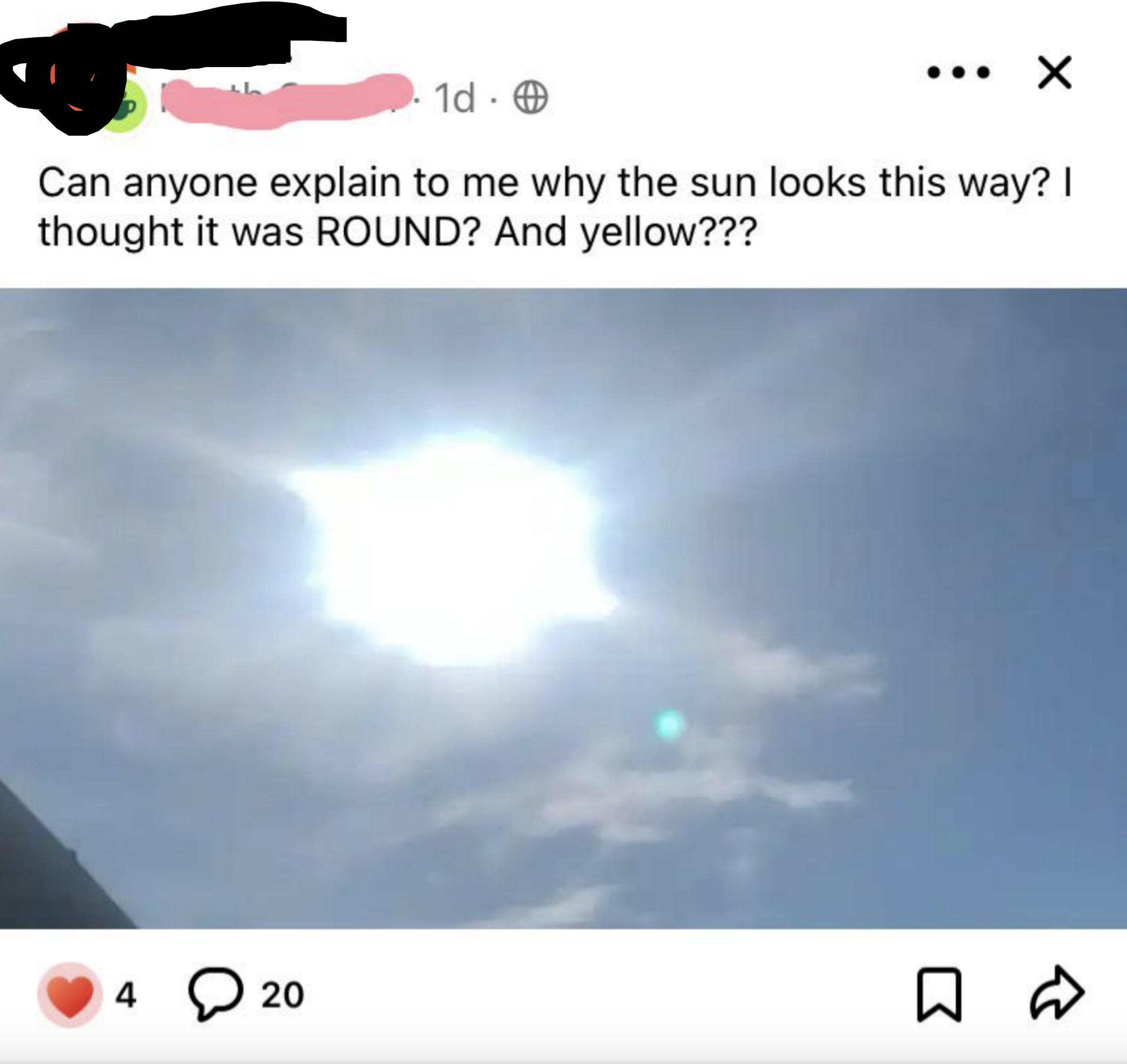 Facebook post by Tina C. questioning why the sun appears differently than expected, with an image showing a bright sun and partially cloudy sky