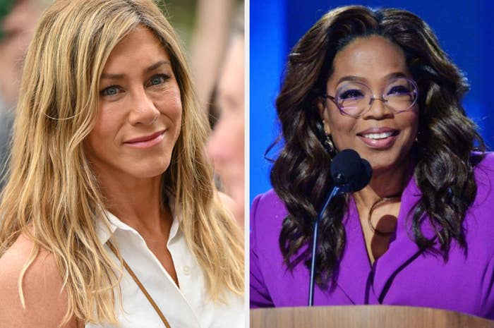 Jennifer Aniston and Oprah Winfrey are pictured; Aniston is in casual attire, and Winfrey is speaking at an event in formal attire with glasses
