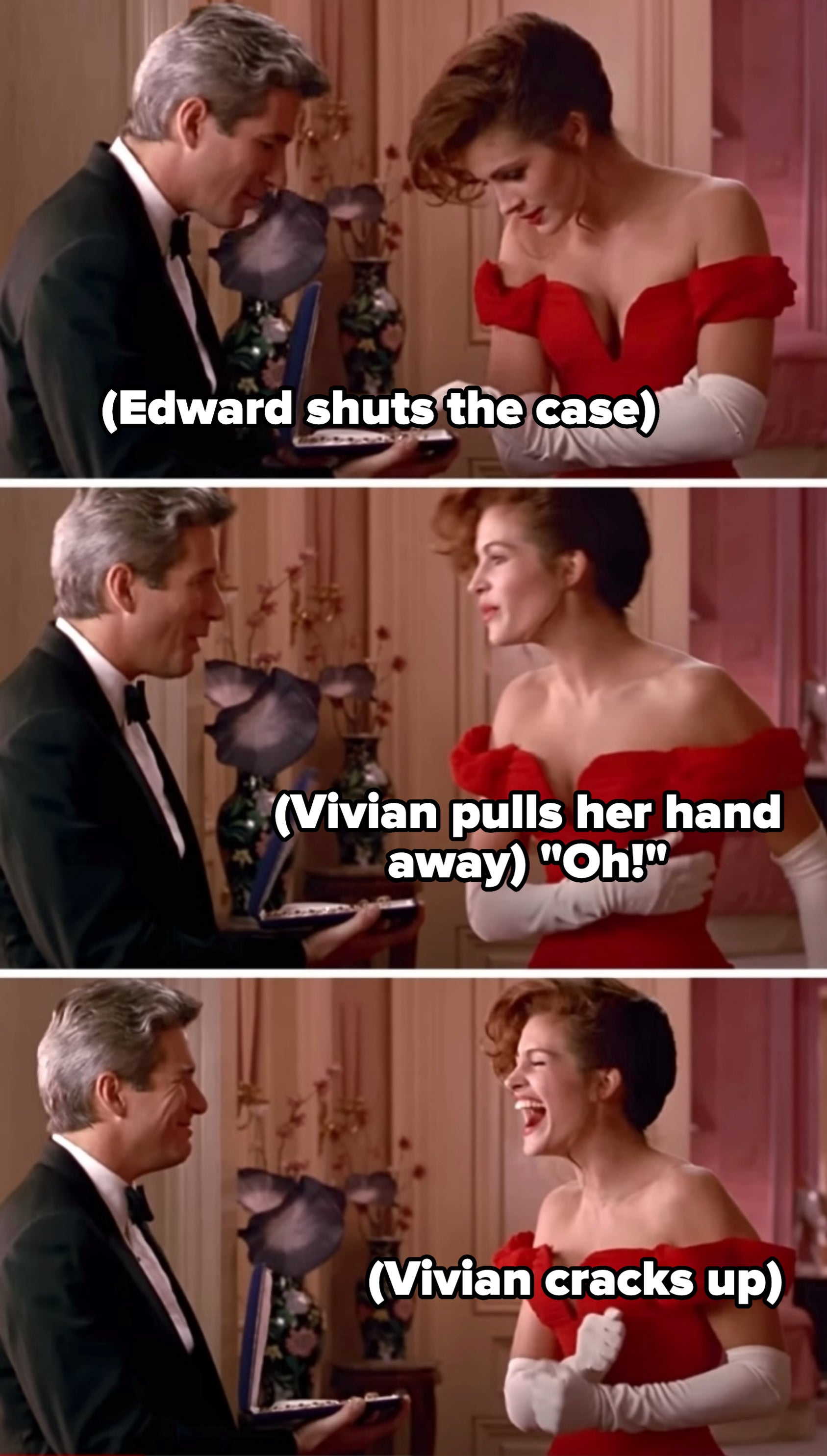 Richard Gere and Julia Roberts acting a scene in a formal setting. Julia, wearing an elegant off-shoulder gown and gloves, reacts with laughter and surprise to Richard