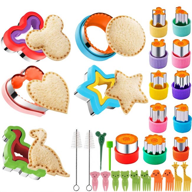 Assorted sandwich cutters, rootlike cutters, nutrient picks, and cleaning brushes for originative and amusive luncheon presentations