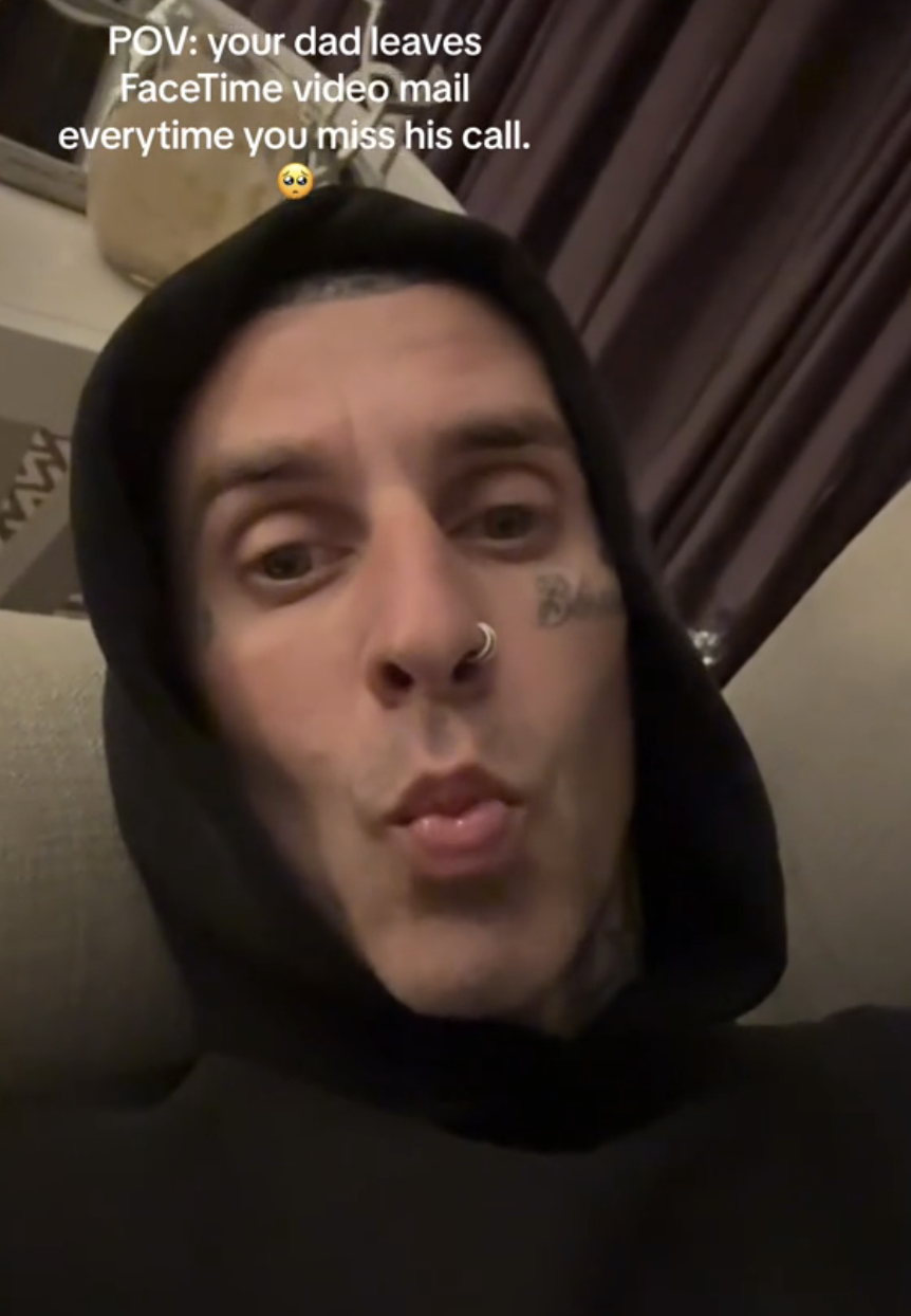 Travis Barker faces the camera with a caption above his head that reads, &quot;POV: your dad leaves FaceTime video mail every time you miss his call,&quot; followed by a sad emoji