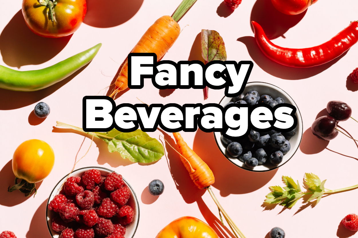 Various fruits and vegetables surround the text "Fancy Beverages" on a light background