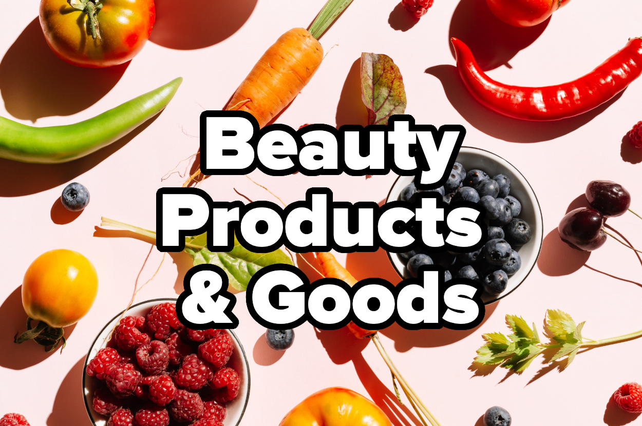 Various fruits and vegetables such as tomatoes, raspberries, blueberries, and carrots surrounding the text "Beauty Products & Goods."