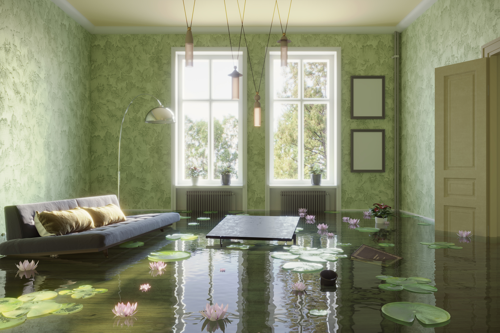 Flooded living room with a modern grey couch, floating table, and lily pads. Water lilies are blooming amidst the flood