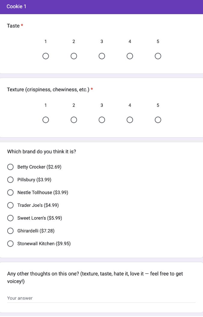 A survey form for a cookie, asking for feedback on taste and texture, and which brand the respondent thinks it is from a list including Betty Crocker, Pillsbury, Nestle Toll House, and others