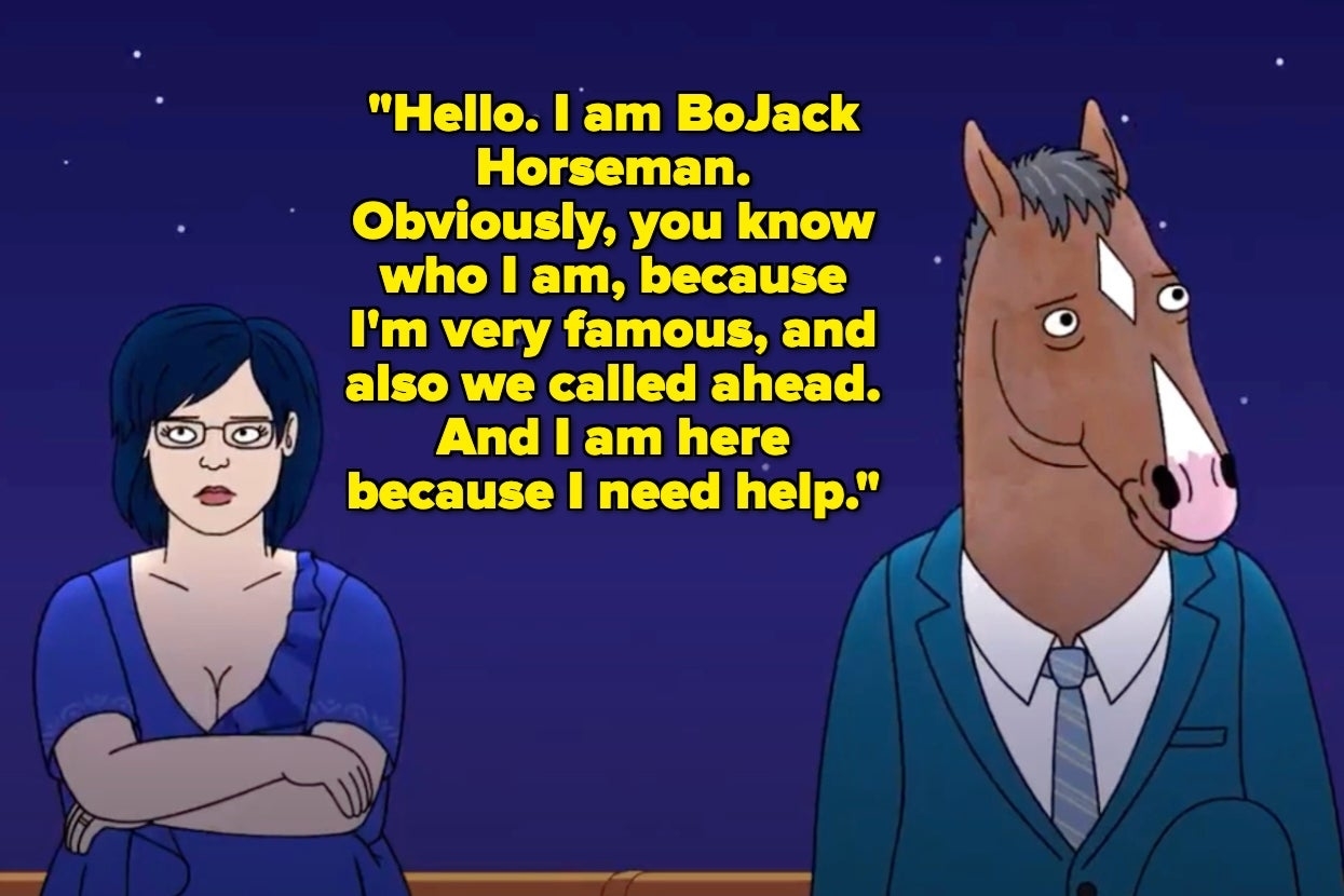 BoJack Horseman, an anthropomorphic horse in a suit, and an annoyed woman with glasses and a ponytail are in front of a starry night sky.