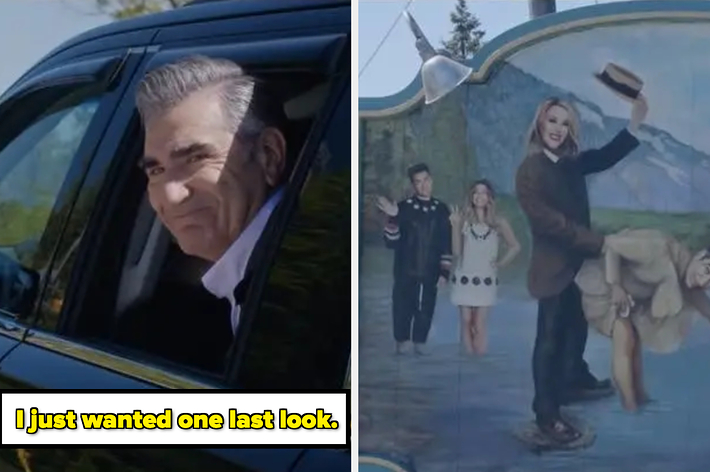 Eugene Levy looks back from a car window on the left. On the right is a mural of the Schitt's Creek family. The text reads: "I just wanted one last look."