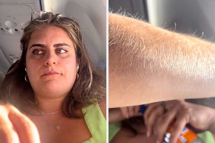 女性が飛行機の窓際に座り、緑色のトップスを着ています。右側に腕のクローズアップが表示されています。