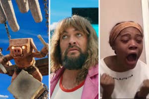 Scene includes a Clash of Clans Hog Rider, Jason Momoa in a pink jacket, and an emotive woman yelling with excitement