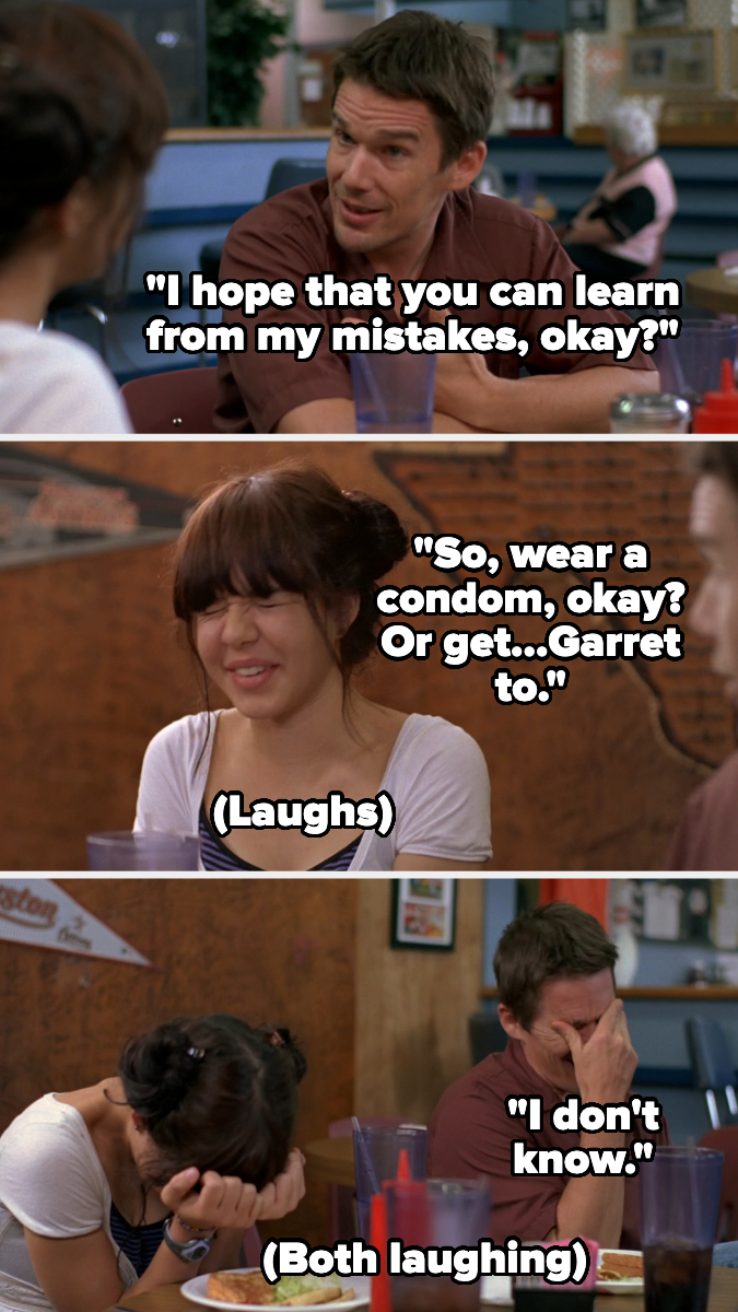 Jessica and Michael J. Willett's characters in a humorous scene from &quot;GBF,&quot; with dialogue on learning from mistakes and safe sex, ending with both characters laughing