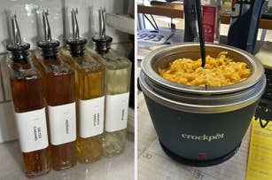 Close-up of flavored syrup bottles labeled Salted Caramel, Hazelnut, French Vanilla, and Vanilla on the left; electric Crockpot with spiral macaroni pasta on the right
