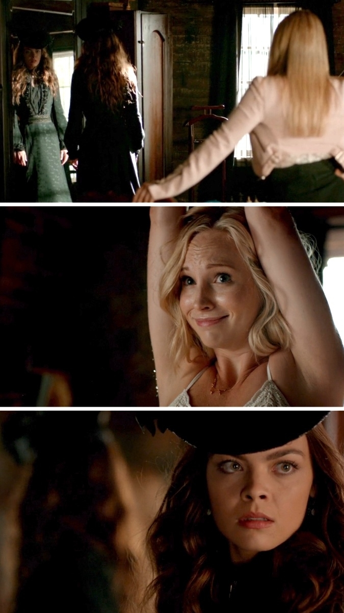 Image features scenes with Melanie Scrofano, Tim Rozon, and Dominique Provost-Chalkley from the TV show &quot;Wynonna Earp.&quot; Various characters are shown in tense moments