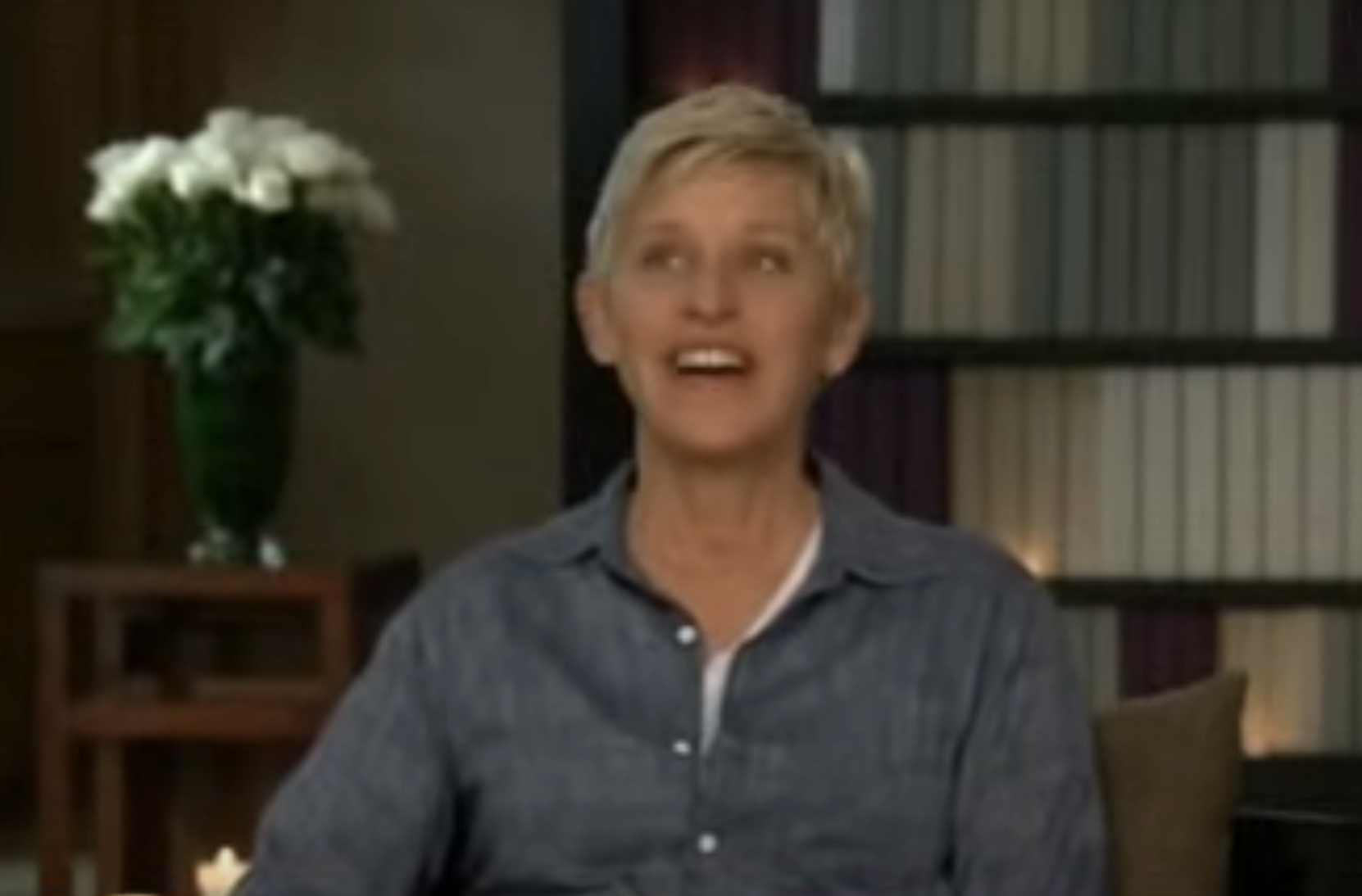 Ellen DeGeneres, seated indoors, smiles and looks upwards, wearing a casual button-up shirt. Flower vase and bookshelf in the background