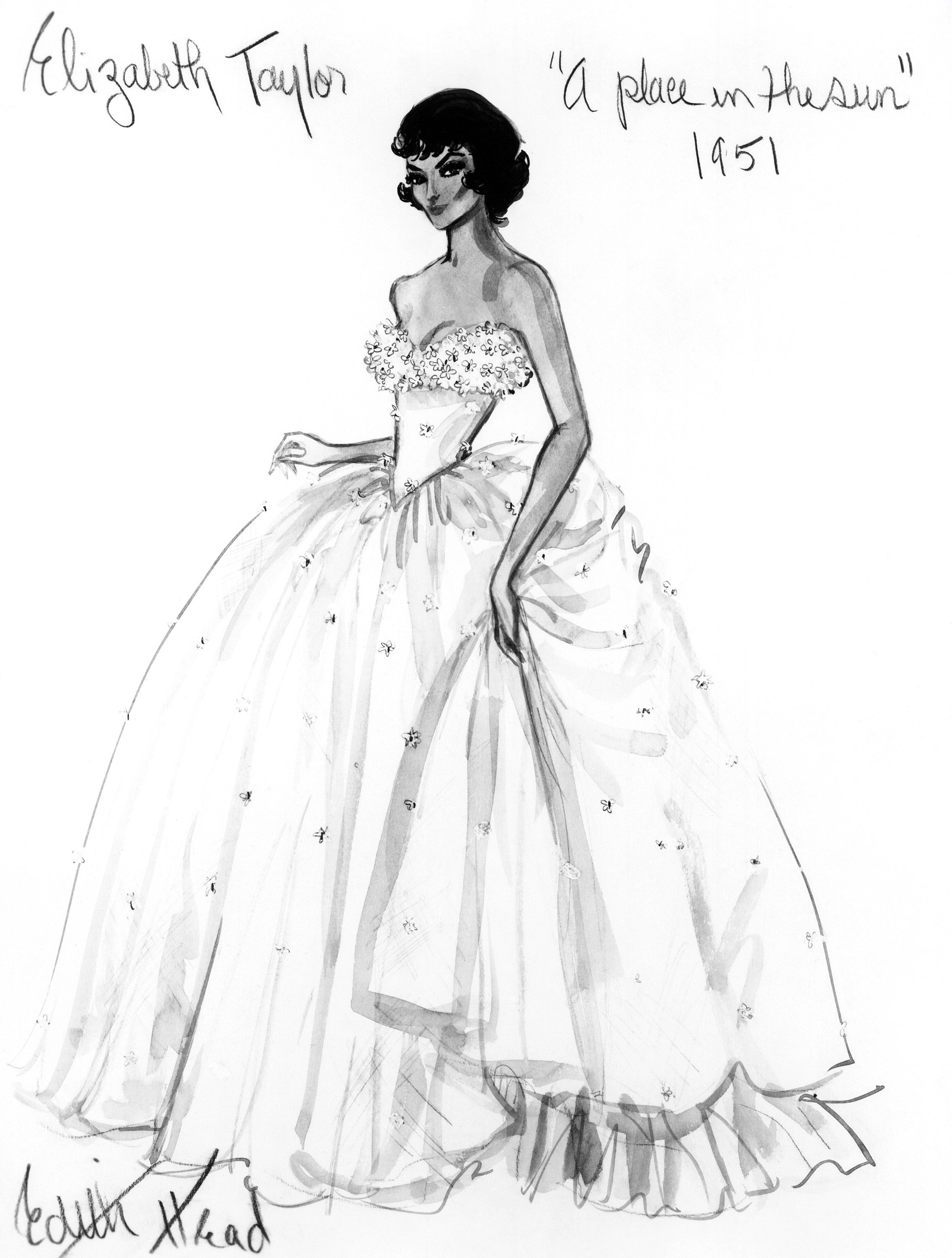 Fashion sketch of Elizabeth Taylor wearing a strapless, embellished ball gown. Text: "Elizabeth Taylor," "A Place in the Sun," "1951," and "Edith Head."