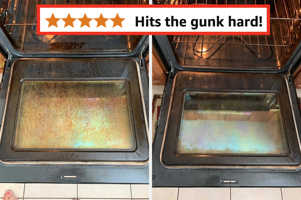 Reviewer's oven door before and after using goo-gone spray cleaner