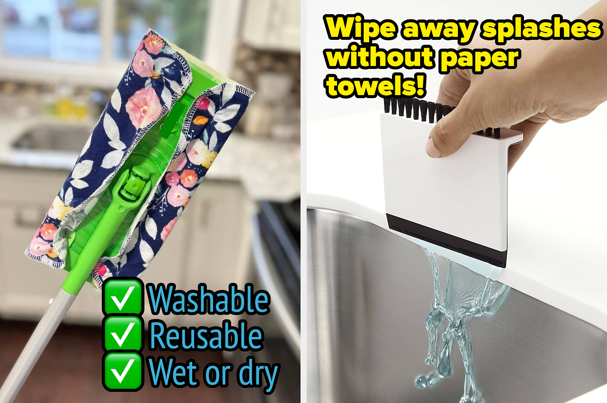A Swiffer with a floral reusable mop head; model using countertop cleaning brush