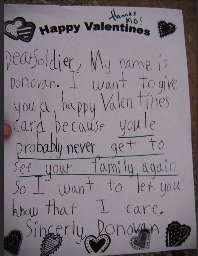 A handwritten note reads: "Dear Soldier, My name is Donovan. I want to give you a happy Valentines card because you’re probably never to see your family again. So I want to let you know that I care. Sincerely, Donovan."