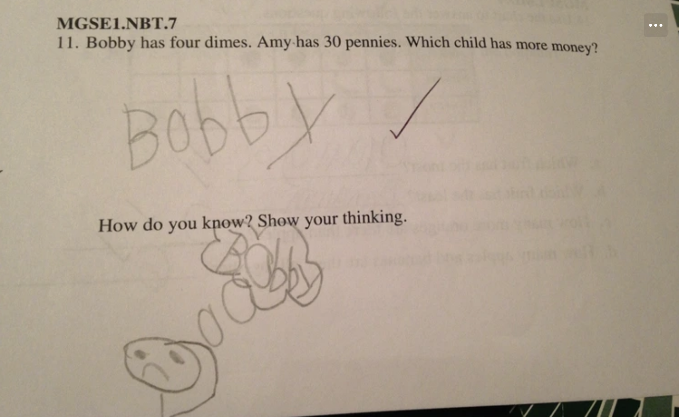 Math problem showing handwriting and drawing: "Bobby has four dimes. Amy has 30 pennies. Which child has more money?" Child wrote "Bobby" and drew a thought bubble